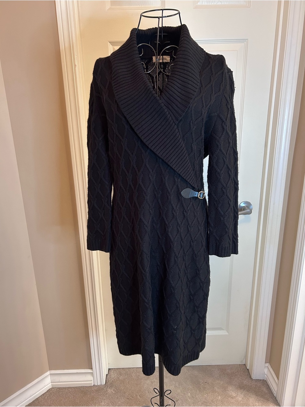 Calvin Klein Black Cable Knit Shawl Collar Long Sleeve Dress